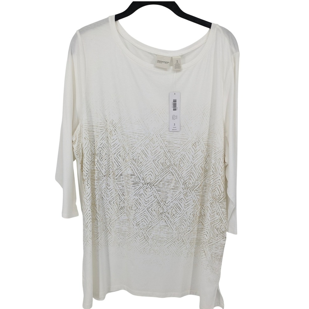 Zenergy by Chicos Top Womens Ivory XL Optic Foil Geometric 3/4 Sleeve Mature NWT